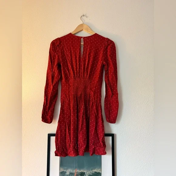 Reformation Rust Red Polka Dot Deep V Long-Sleeve Dress - Picture 4 of 8